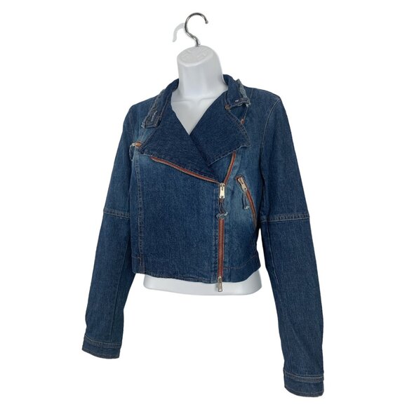 Cropped Moto Denim Jacket With Asymmetrical Zipper For Women Size 6 Small - Picture 4 of 9